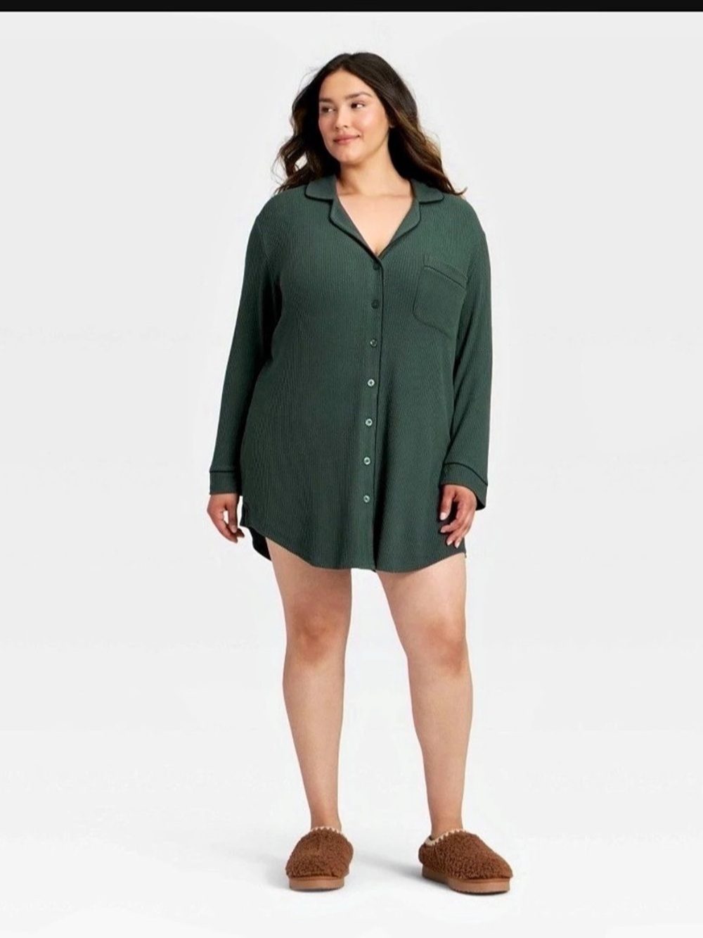 auden Women's Cozy Ribbed Notch Collar Pajama Gown Green 2X